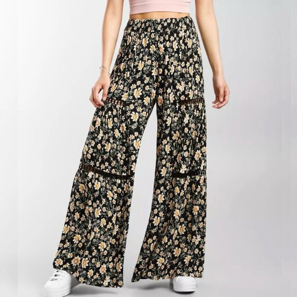 Angie Black and Cream Floral Wide-Leg Pants